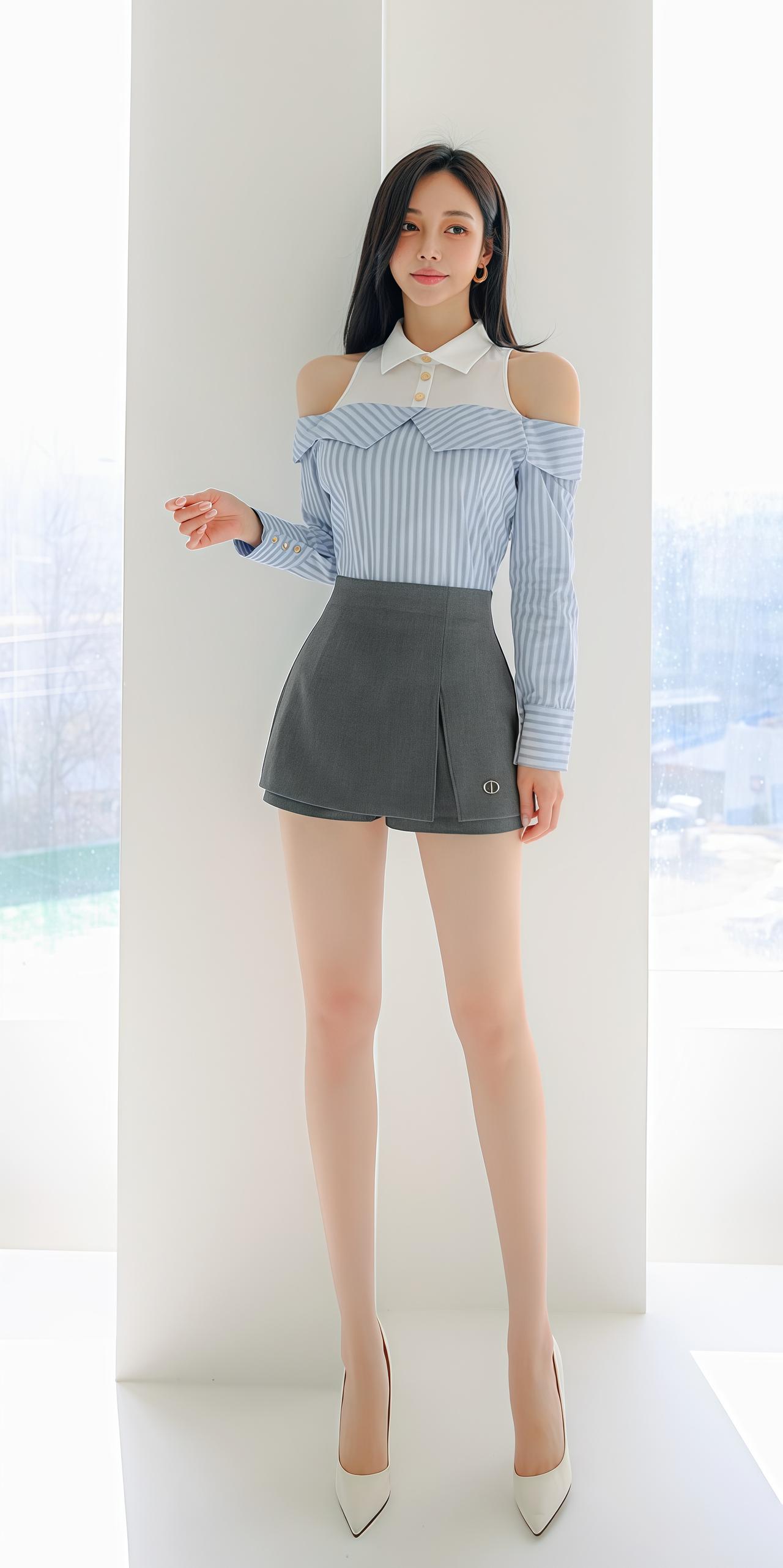 孙允珠优雅蓝白条纹露肩上衣搭配灰色短裙，尽显时尚气质！