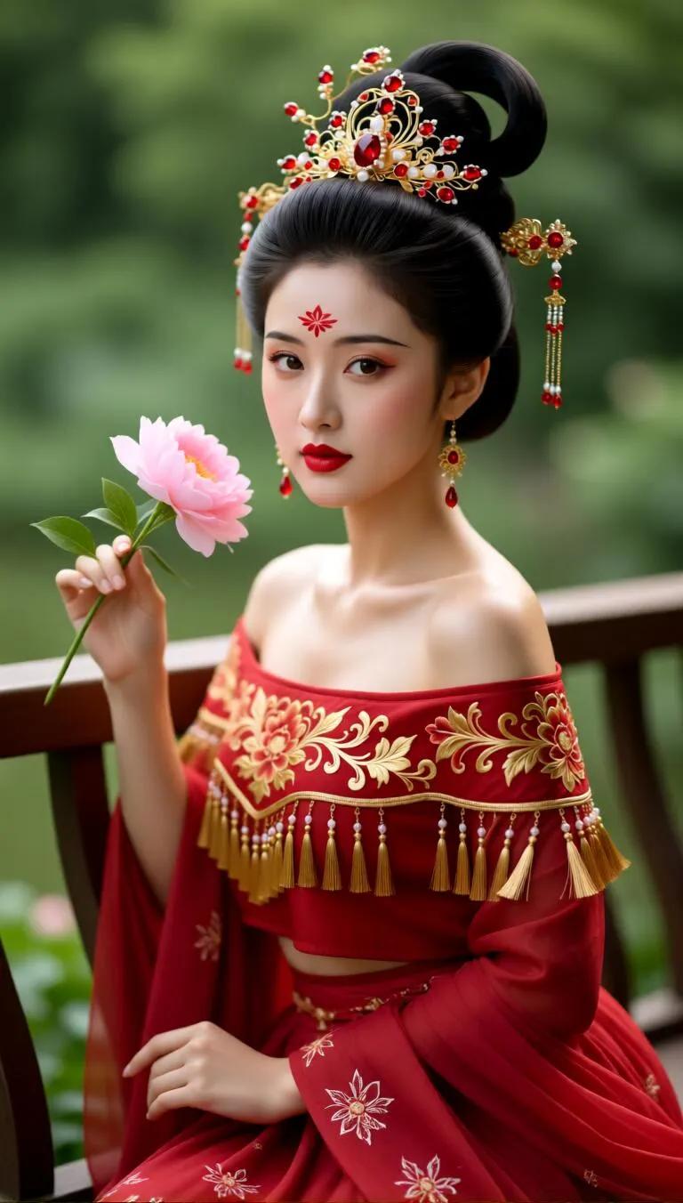 古风美女手持粉色莲花，红衣华服，惊艳绝伦！
