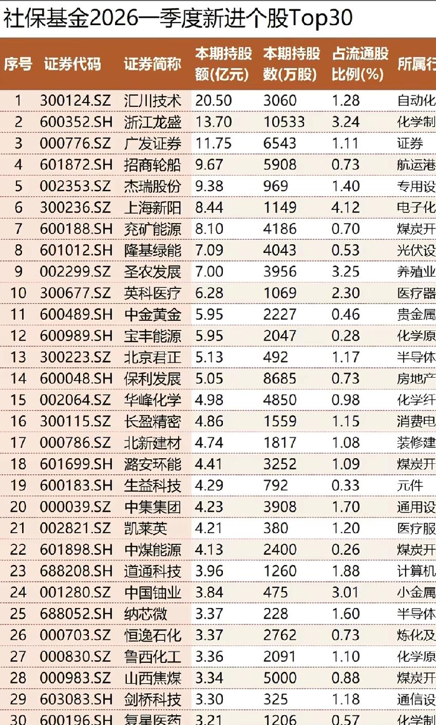 这是2026年一季度社保基金重仓个股Top30，2026年一季度社保基金新进个股