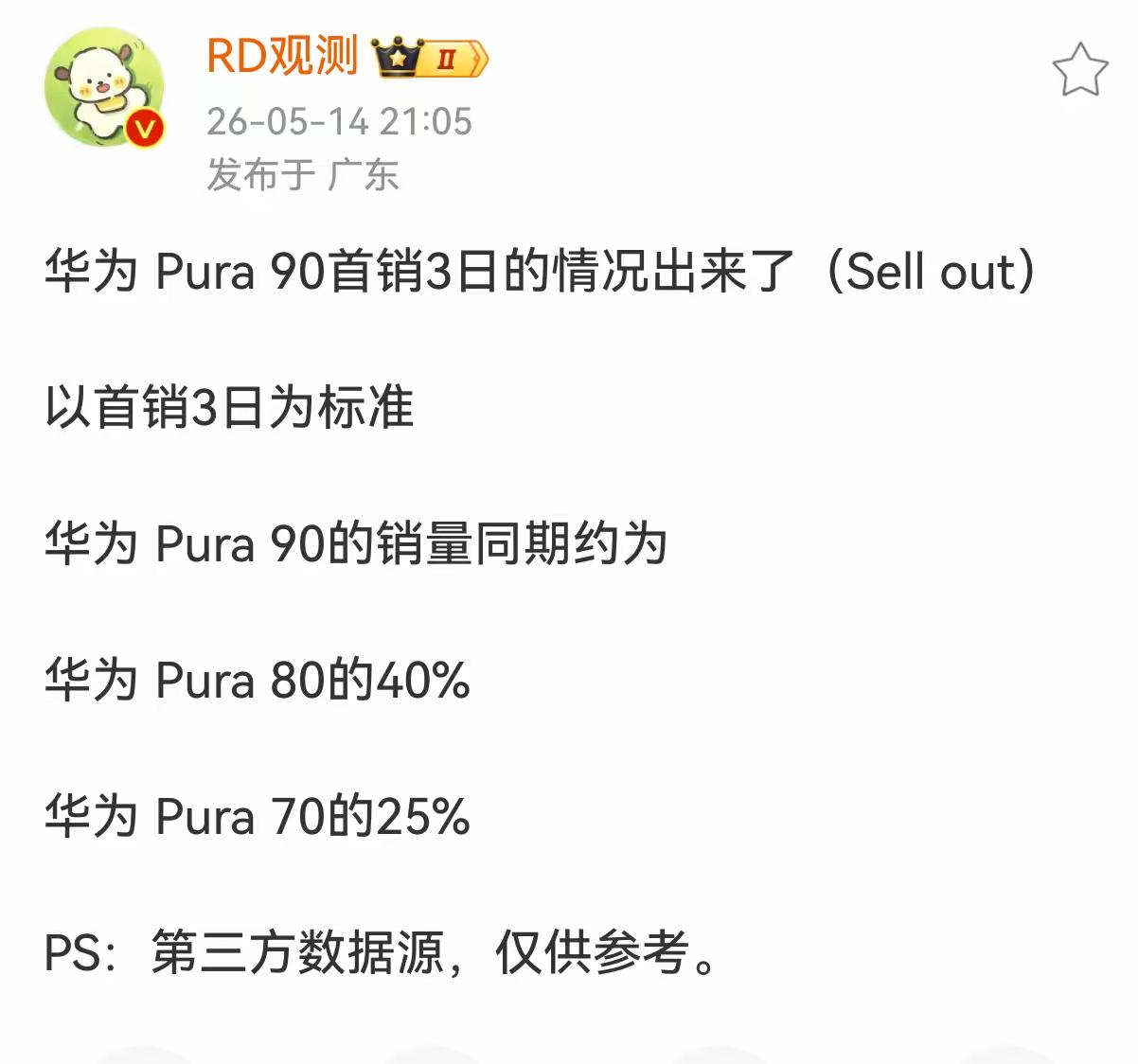 热度并没有预期的好，华为Pura90系列开售3天，销量仅为上一代同期的40%！