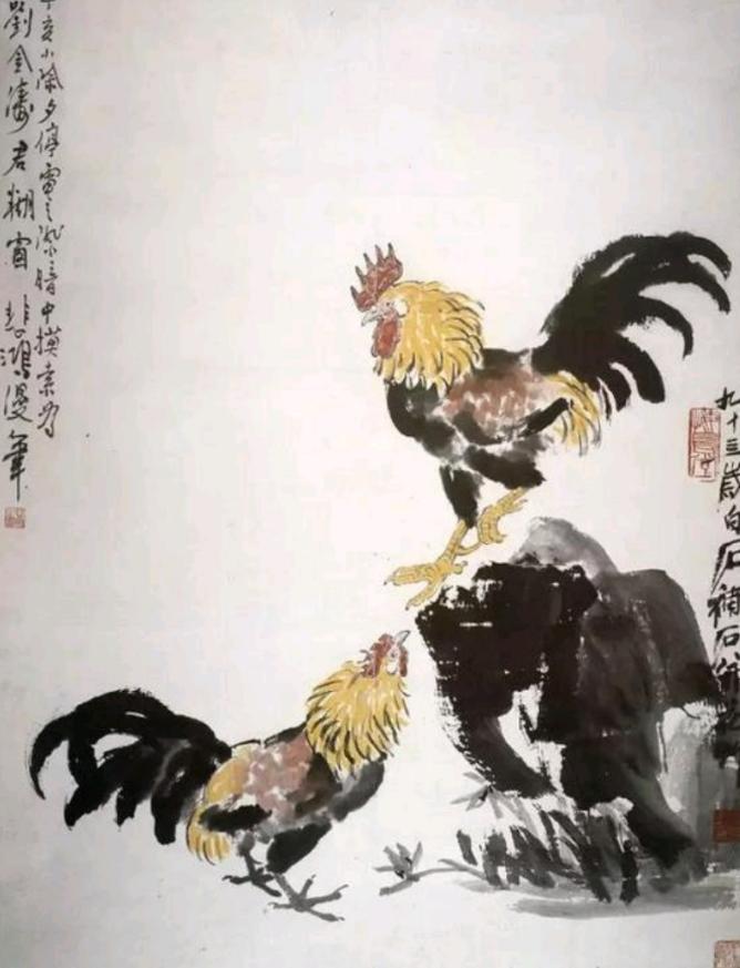 1947年，徐悲鸿刚提笔画完两只公鸡，突然停电了，于是便封笔作罢，一直到去世时都