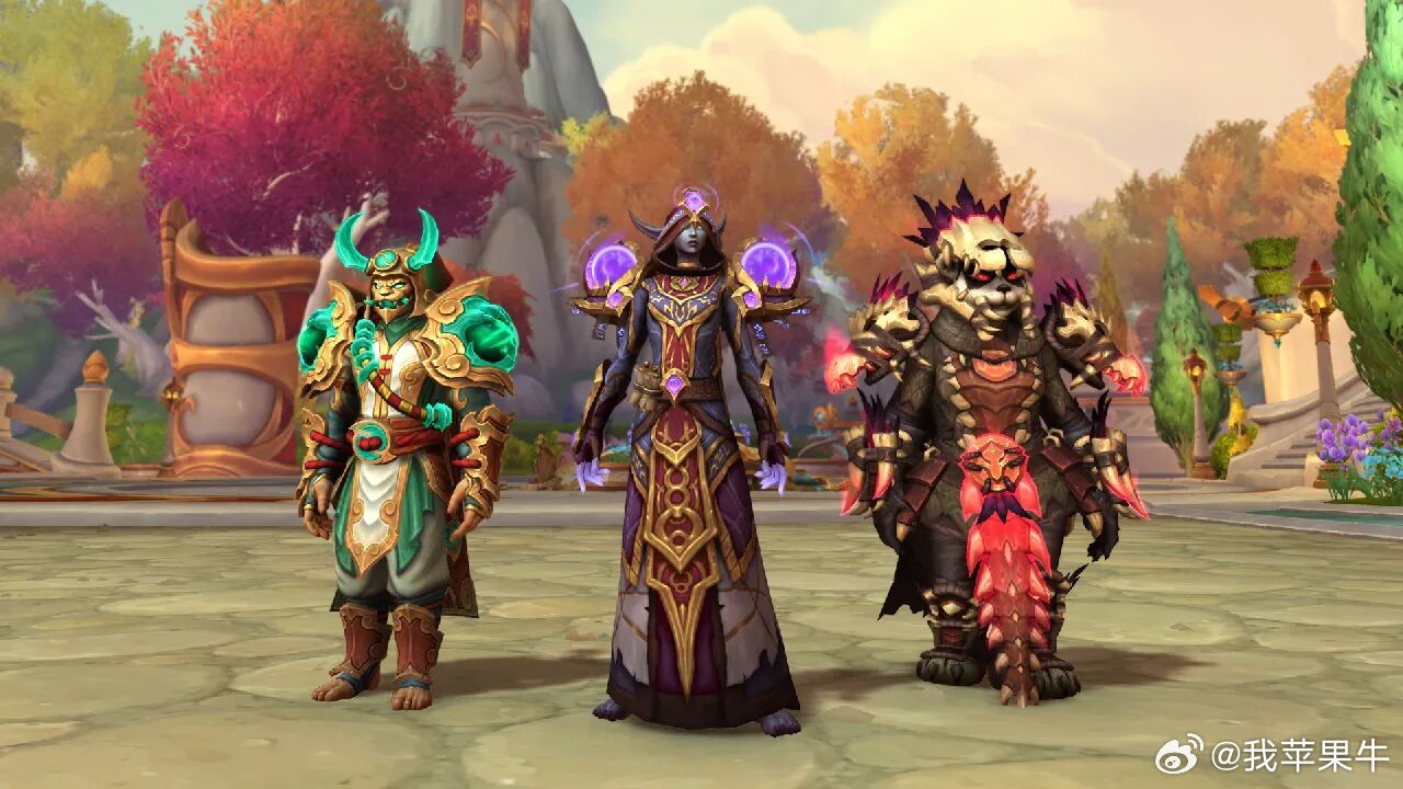 魔兽世界12.0最新的全职业套装来了！图1从左至右依次为：圣骑士（普通）、唤魔