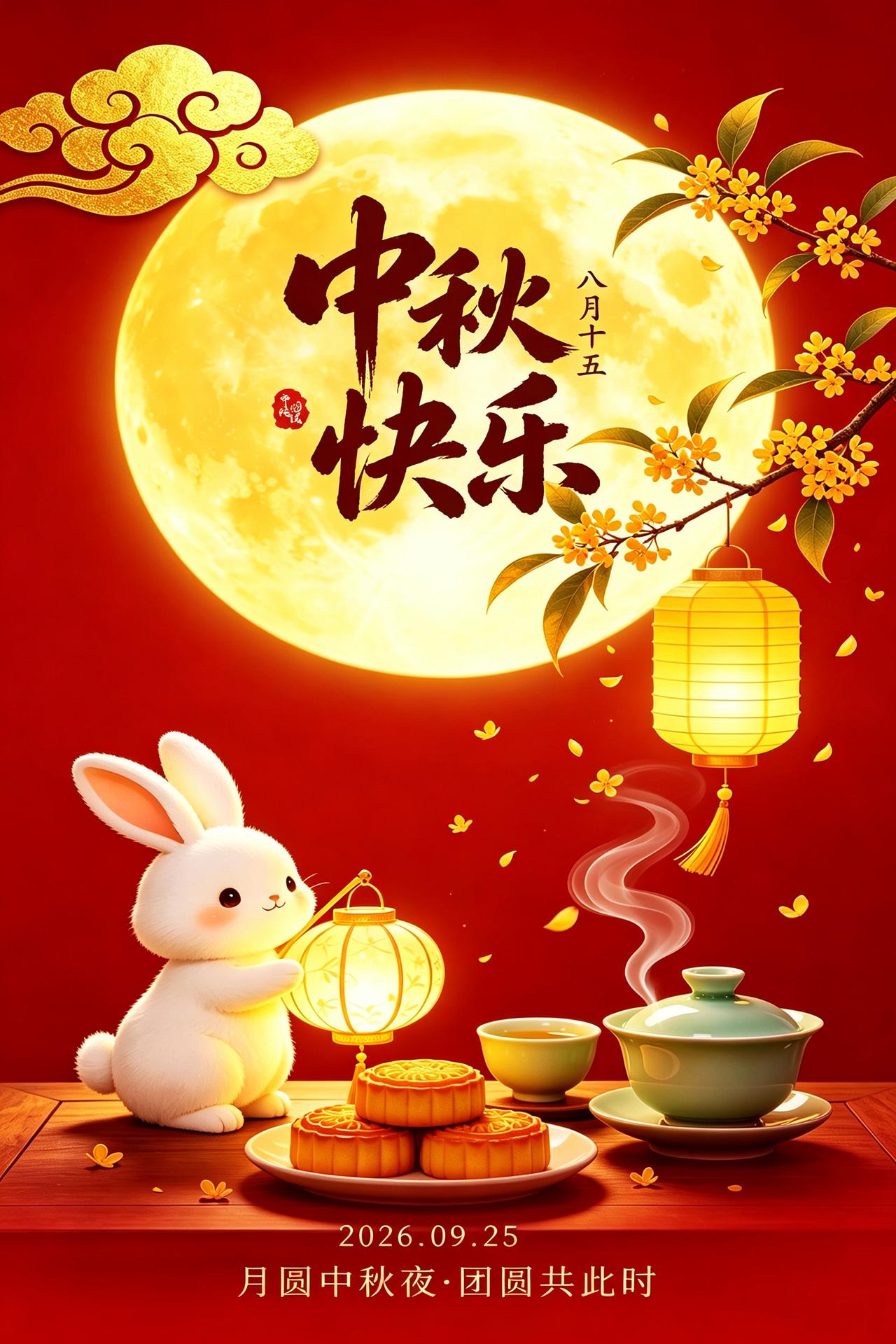 2026中秋节祝福图片海报壁纸中秋月圆，清辉遍洒，人间处处庆团圆🌷。在这个满