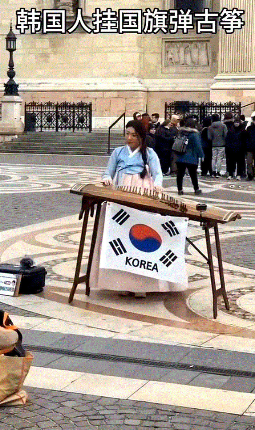 韩国学生弹古筝，却挂韩国国旗---