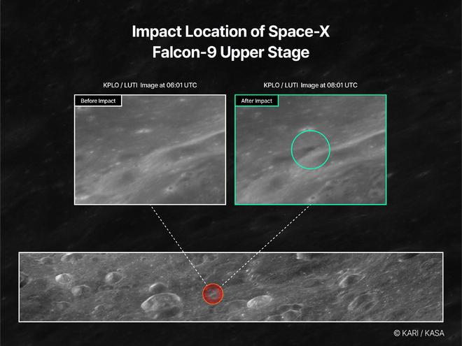 SpaceX火箭残骸撞上月球后, 韩国探测器拍摄到撞击点图像
