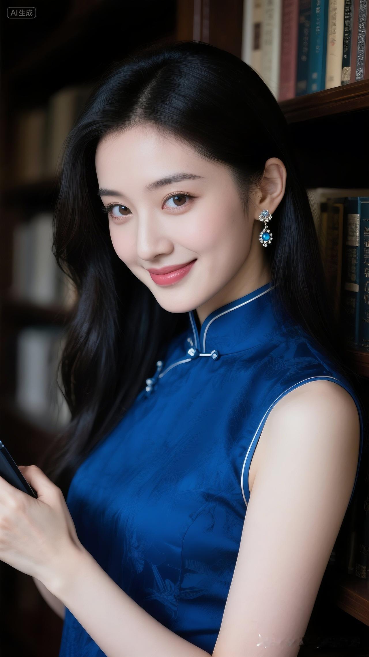 优雅蓝旗袍，书香满溢的静谧时光！