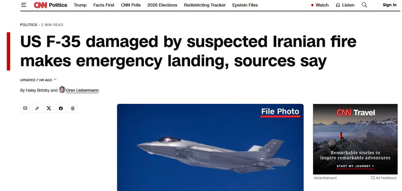 CNN报道一架美军F35战机被击伤后返回基地迫降，飞行员没有受到伤害。这一飞