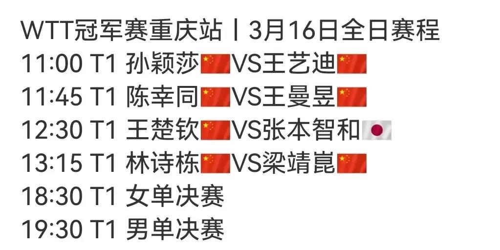 3月16日WTT重庆冠军赛，今天最后一个比赛日，半决赛决赛一气完成，下午半决赛晚