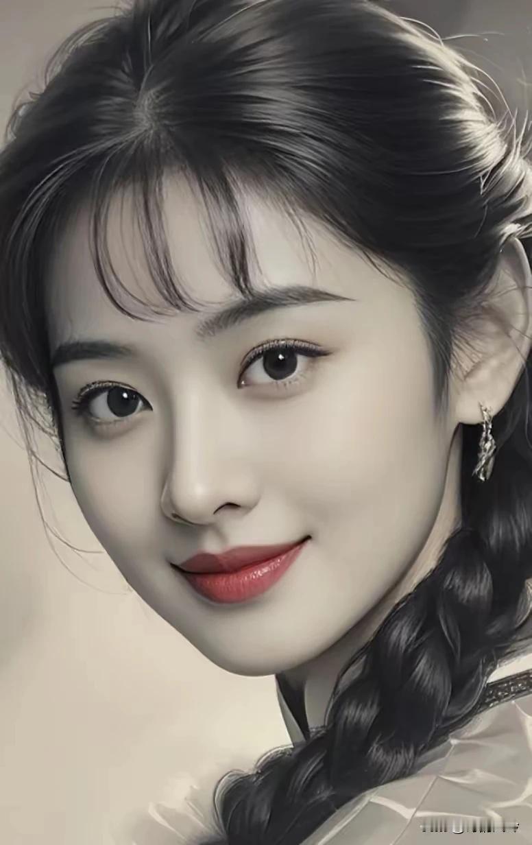 看着就像一幅画，眉弯眼亮俏冤家。辫梢轻挽春风味，笑颜如花绽芳华。