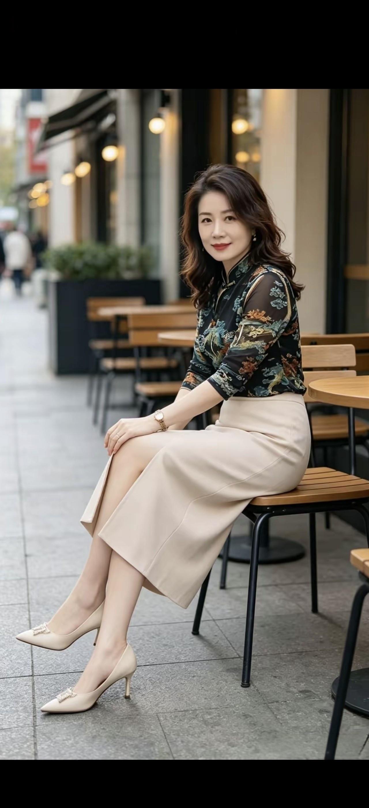 一个优雅的女人坐在咖啡馆外。