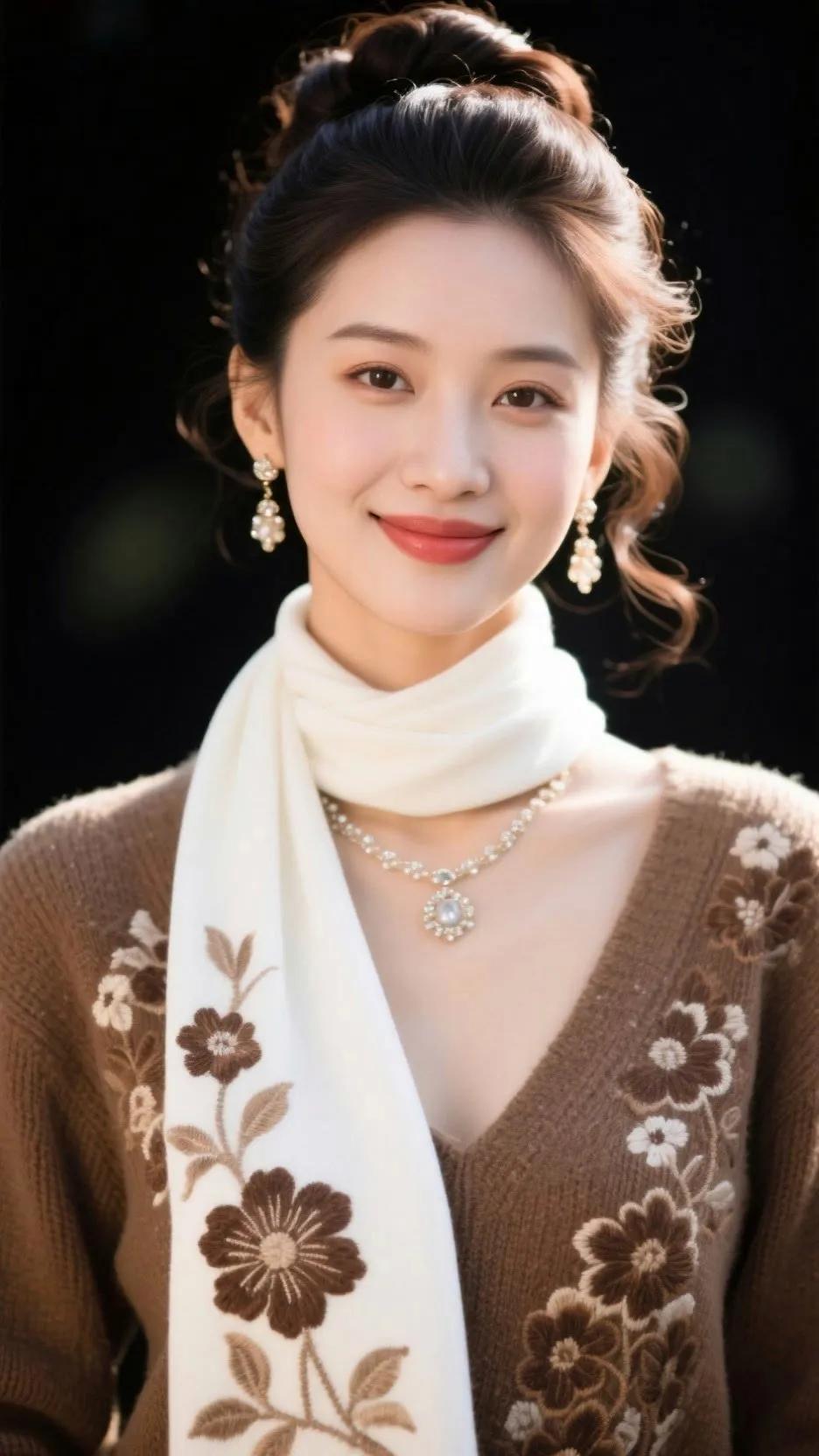 优雅气质，复古风穿搭，精致妆容，微笑动人。