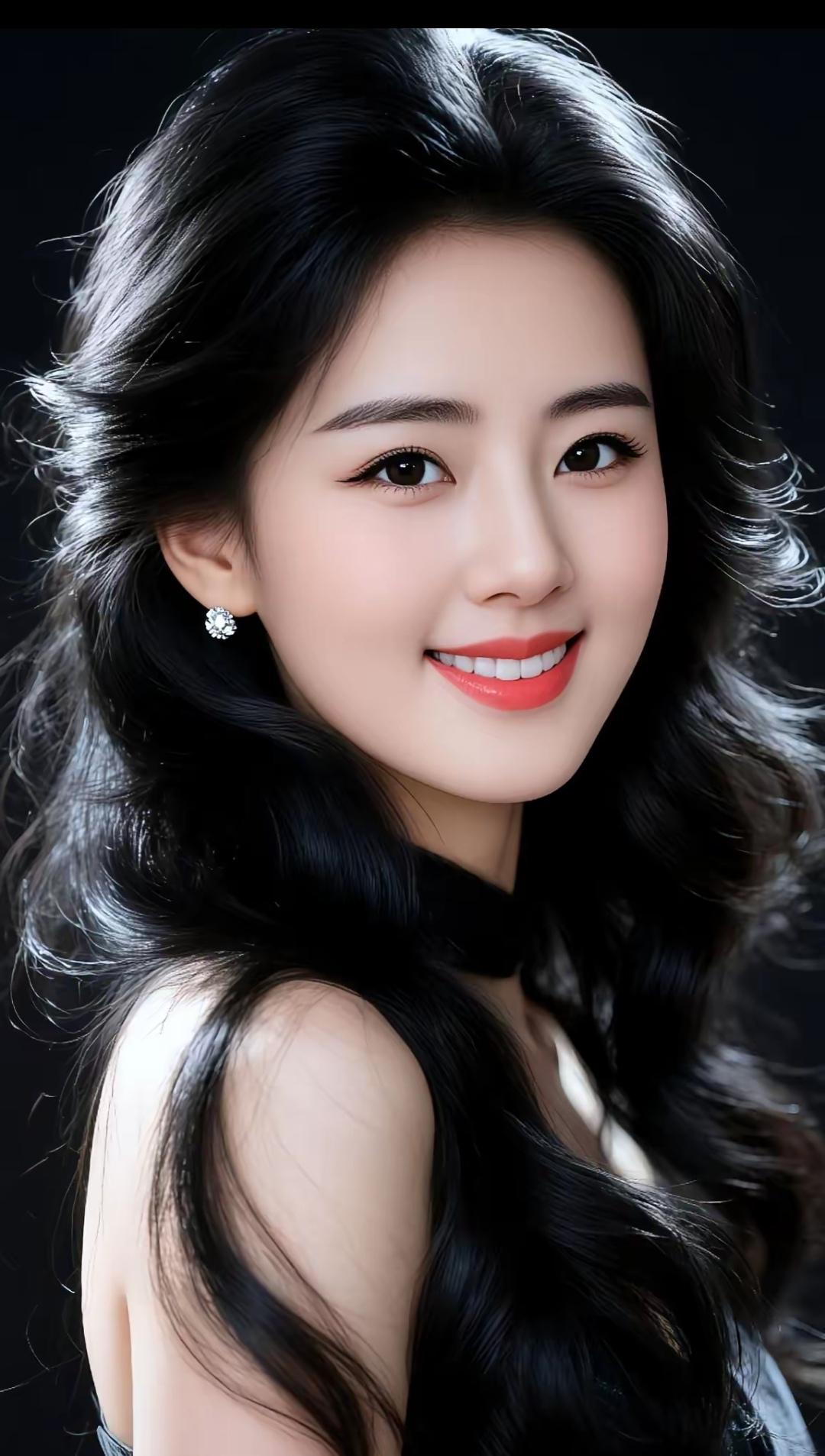 甜美笑容，黑发飘逸，闪耀耳环，优雅迷人。高清美女优雅美图分享
