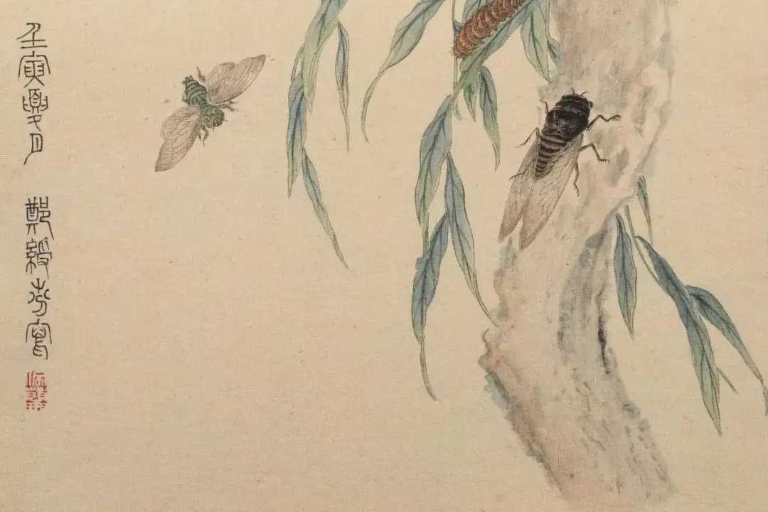 明郑绶芬工笔草虫册页。郑绶芬，明代画家，擅画花鸟。他的花鸟，介于“写形”与“