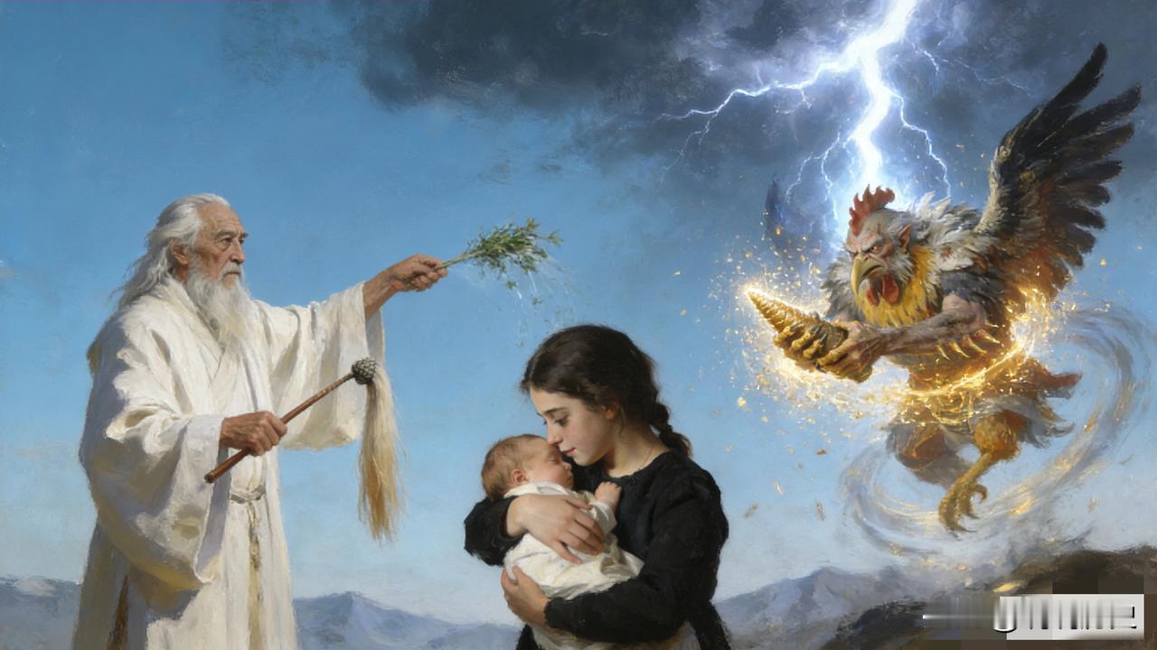 杭州孩儿巷万富翁家，一日遭了奇事：雷公追劈恶人时，误闯产妇房沾了秽气，竟飞不回去