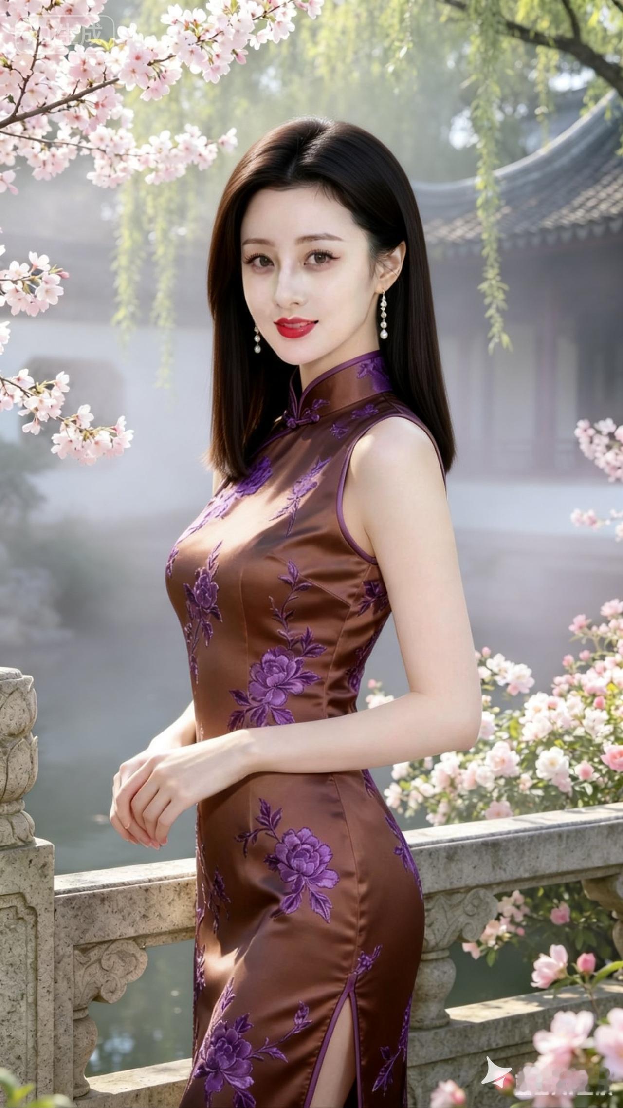 古典与现代的完美融合，一袭紫色旗袍，尽显东方韵味。
