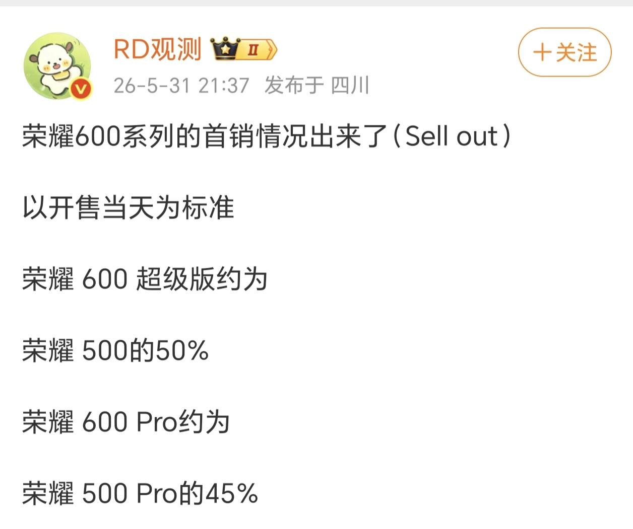 荣耀600系列的首销情况出来了！以开售当天为标准，荣耀600超级版约为荣耀
