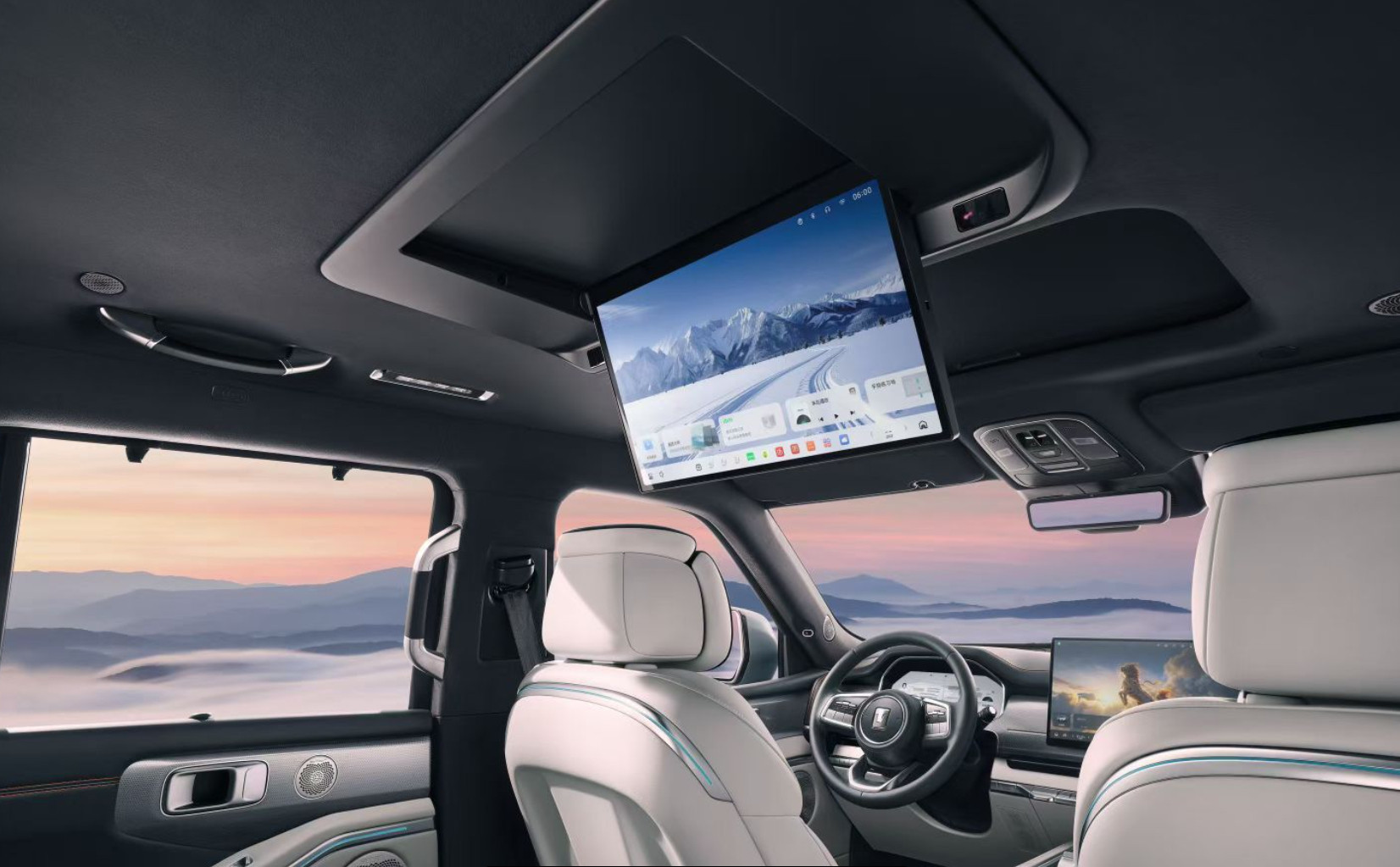 车若初见全新坦克700Hi4-Z发内饰官图，前排悬浮中控屏，后排翻折吸顶屏，