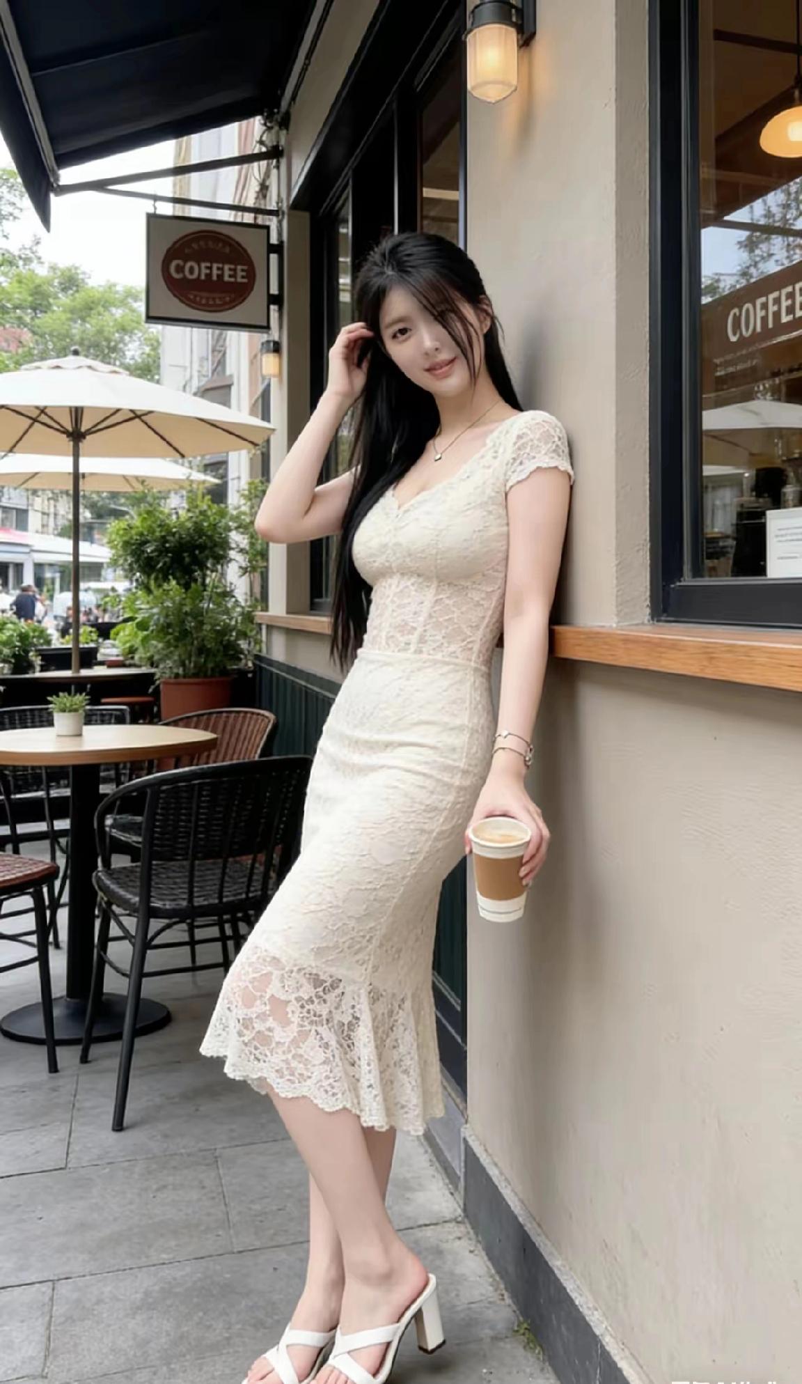 优雅咖啡馆，蕾丝连衣裙，咖啡相伴，完美午后时光。