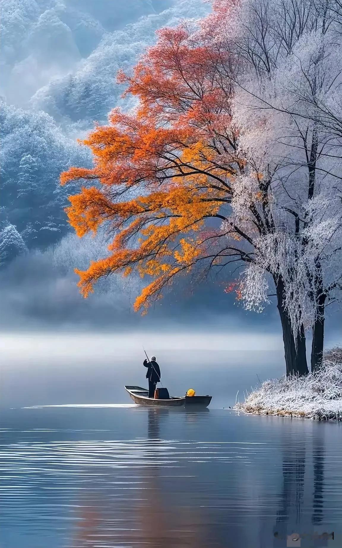 冬日湖钓即景霜凌湖面冷波宁，独钓寒湖逸趣盈。红叶栖枝增秀韵，白雪铺地映清泓。