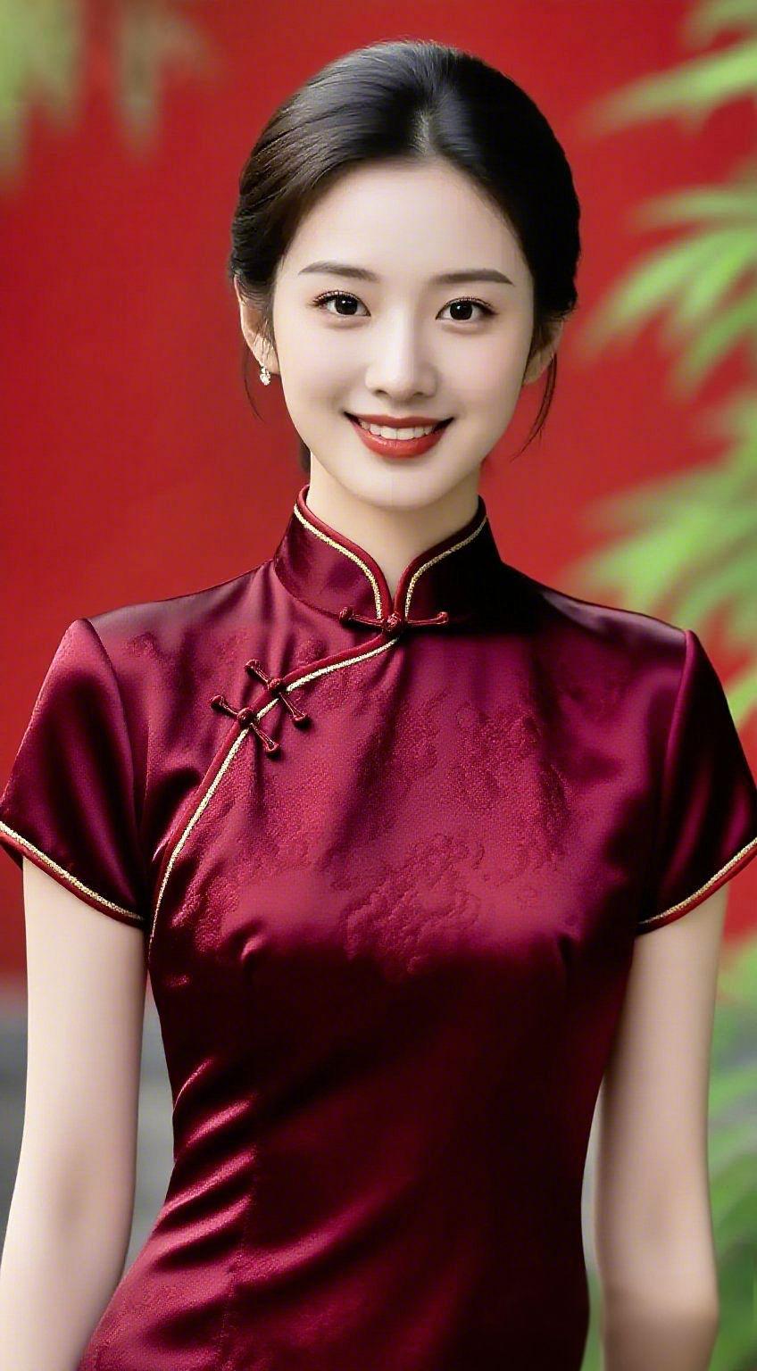 绛衫裹就墙畔春正红缎面浸着润光，她身上的旗袍似将胭脂融于织纹——立领沿金细