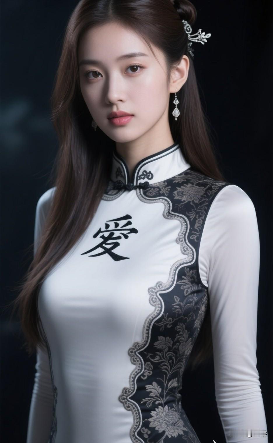 古典优雅，黑白色调旗袍，东方韵味，爱字刺绣，唯美古装，惊艳亮相。