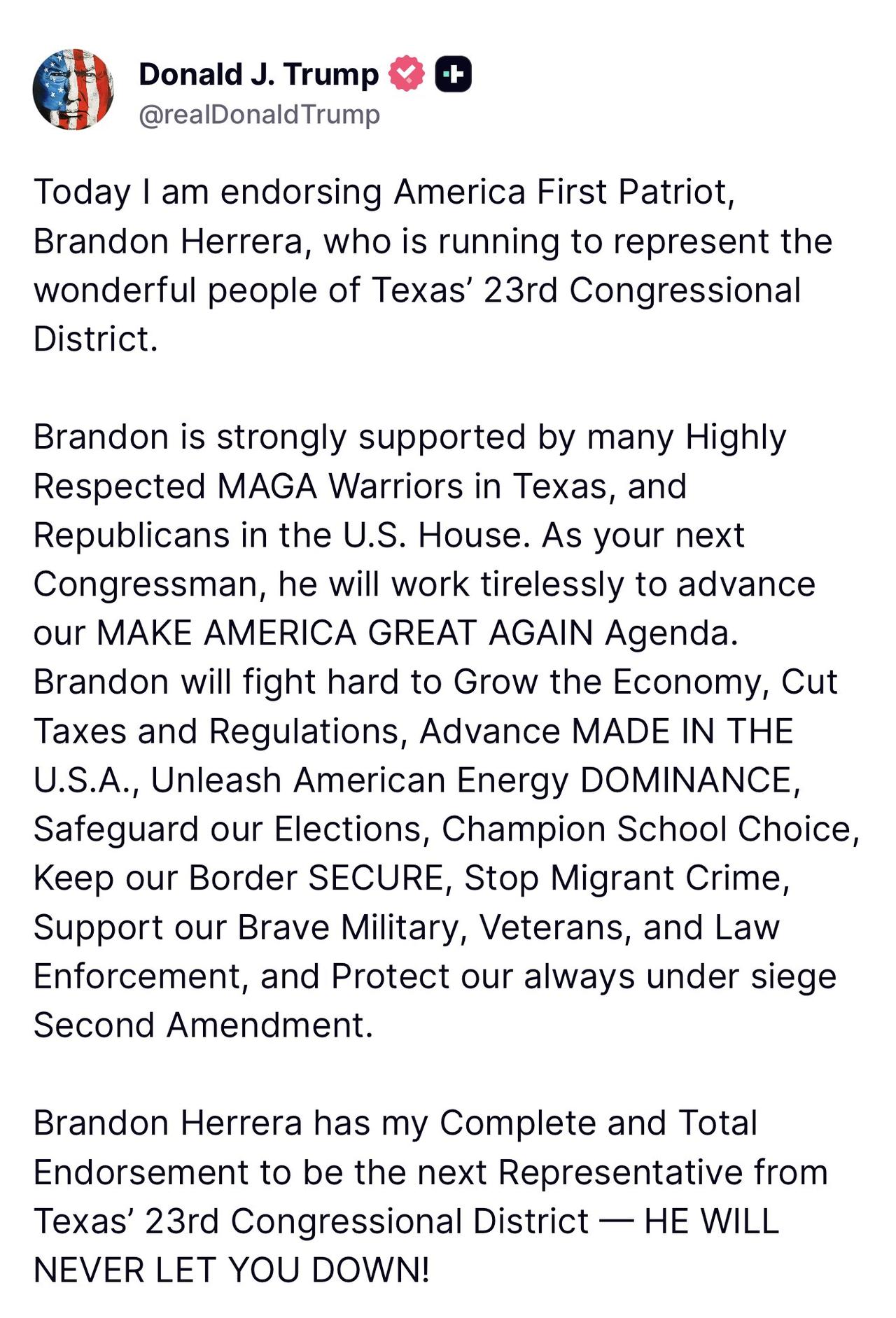 🚨突发新闻：特朗普总统刚刚宣布支持布兰登·埃雷拉接替丑闻缠身的共和党众议员托尼