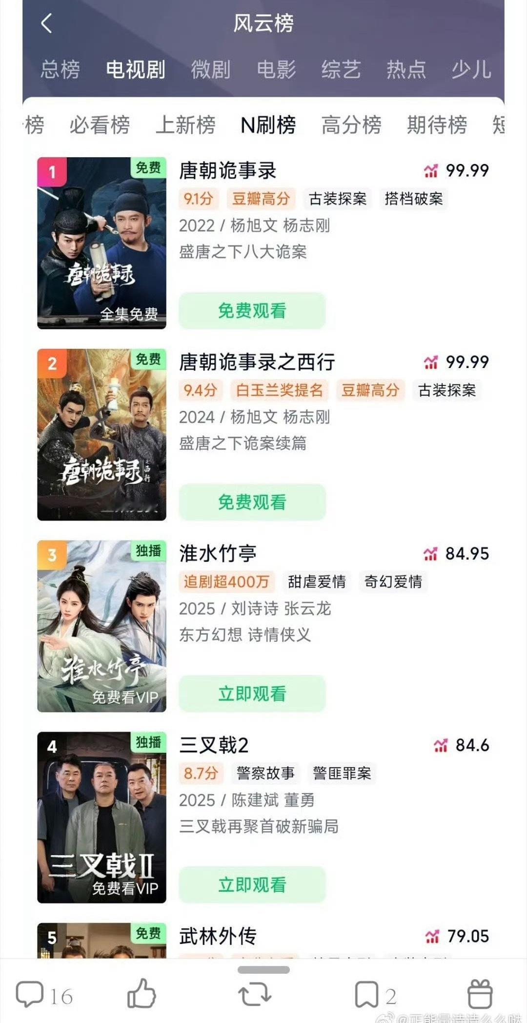 爱奇艺N刷榜，刘诗诗《淮水竹亭》排top3