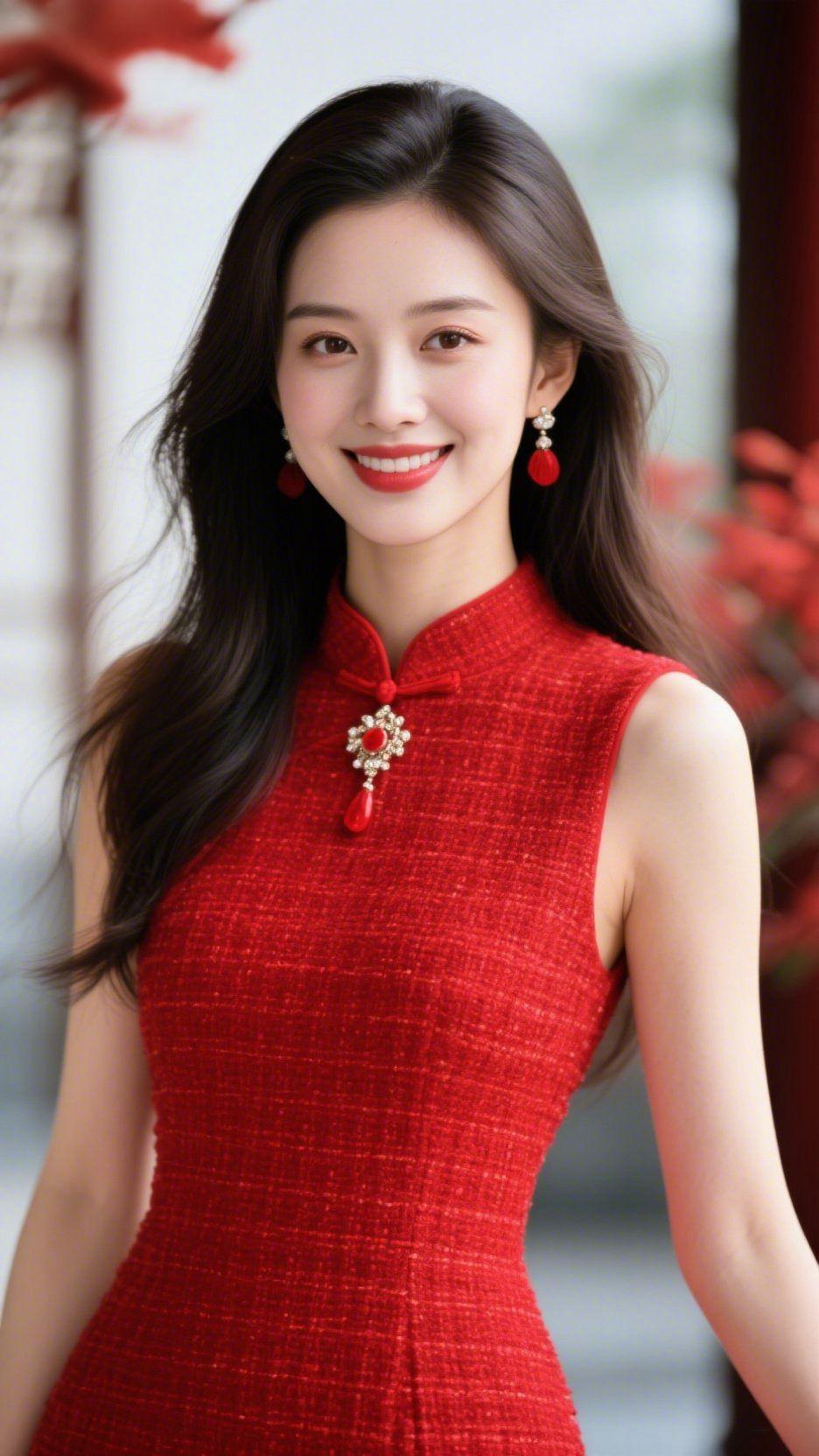 《红衣栖雅意》暖光轻覆衣袂，朱红裙装如揉开的丹砂，立领盘扣缀着莹亮饰件，耳