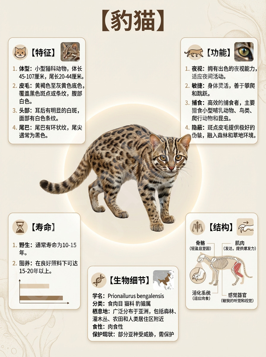 我AI的动物宝子们快看这个“小豹子”——豹猫来啦🐆它身形矫健，身上布满酷炫的