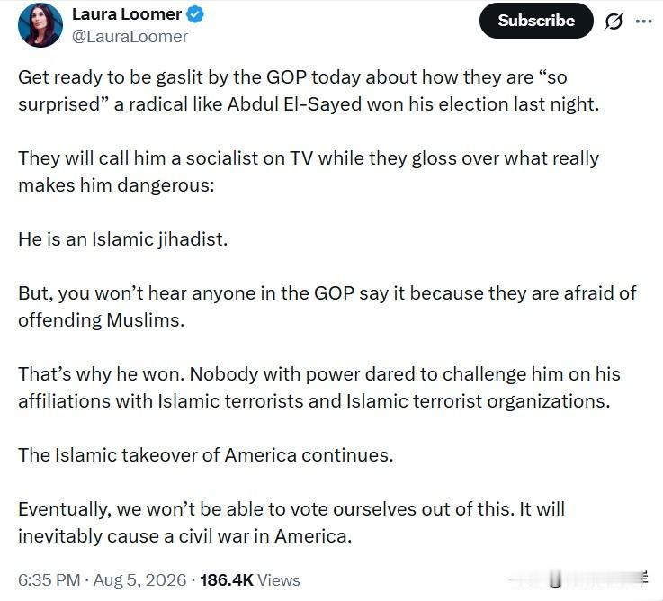 LauraLoomer：今天共和党又要颠倒黑白，装作对AbdulEl-Sa