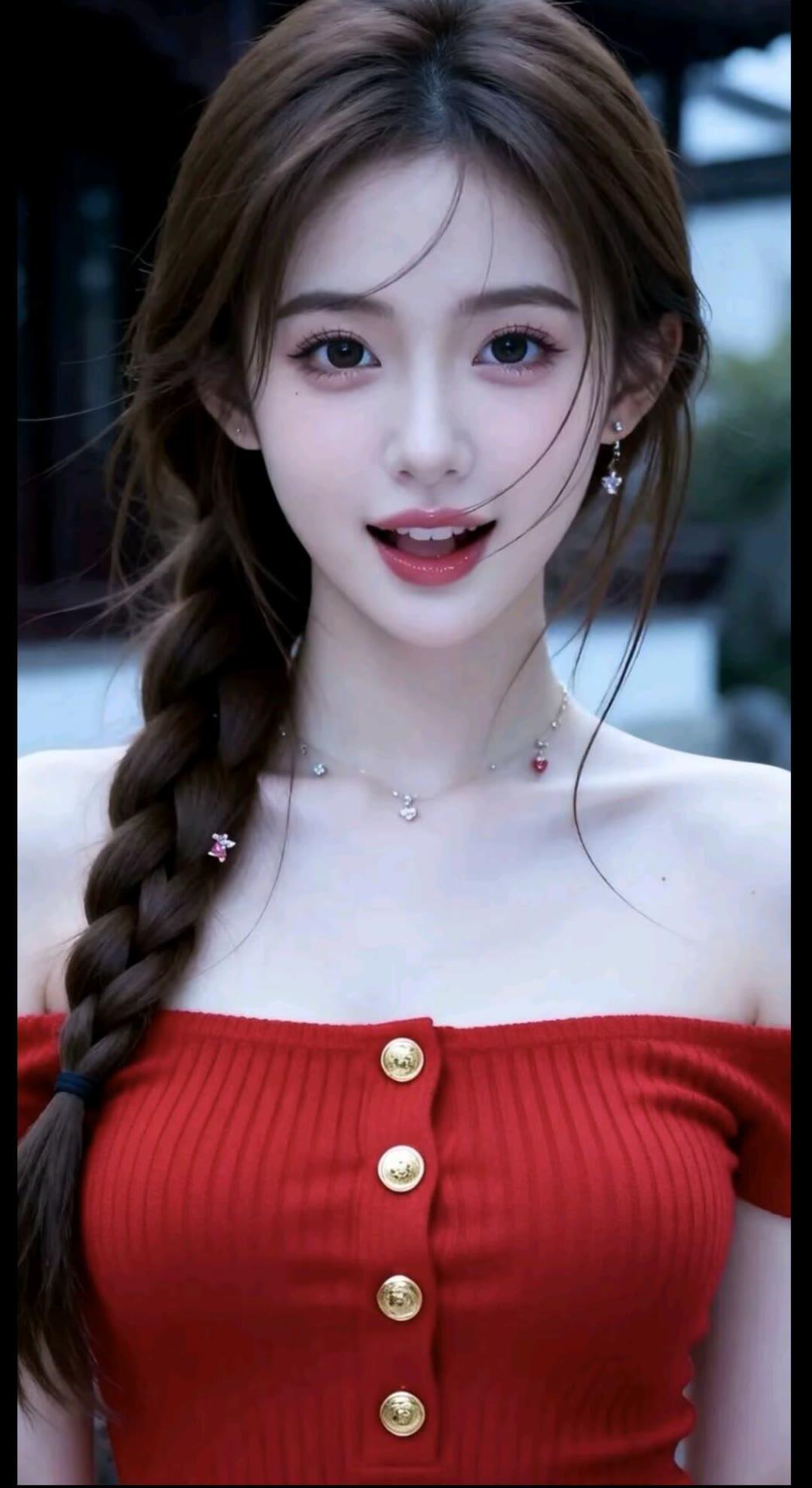 甜美少女风，红衣少女，精致妆容，可爱辫子，清新自然
