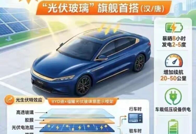 比亚迪“光伏车顶”来了：晒一天，多跑50公里！比亚迪联手研发“光伏玻璃”车顶，率