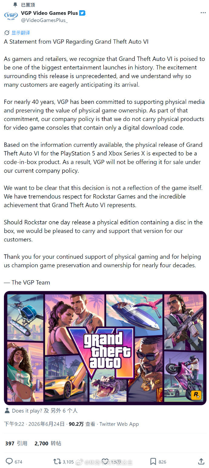 支持多伦多零售商VideoGamesPlus拒售GTA6，实体盘代表玩家可