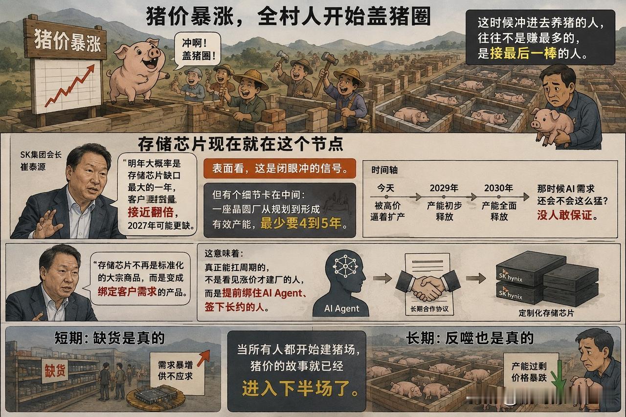 猪价暴涨，全村人开始盖猪圈。这时候冲进去养猪的人，往往不是赚最多的，是接最后一棒