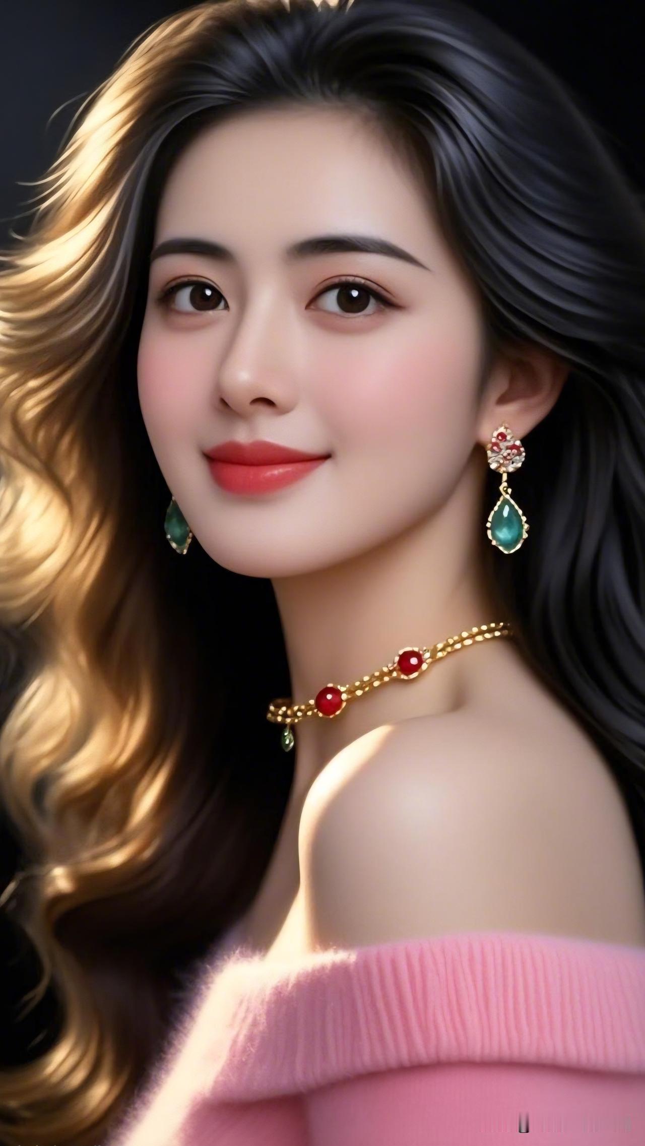 红妆美人笑，绿珠映碧空。美女的美丽体现在何处呢？优雅红唇，闪耀耳环，温柔粉衣，