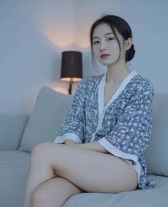 她坐在沙发上，穿着休闲睡衣。刚刚醒来不知发生了什么事就这样呆呆的看着我
