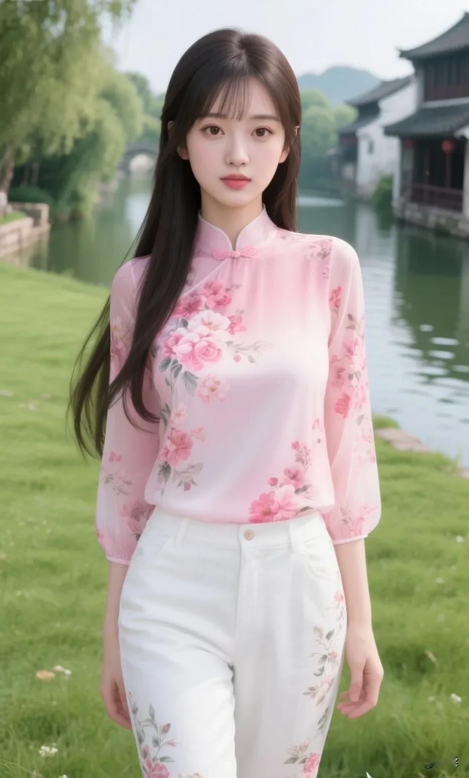 时髦精穿搭秘籍粉花吊带露肩上衣，搭配印花白裤，把夏日浪漫穿身上，站在水边，清新又