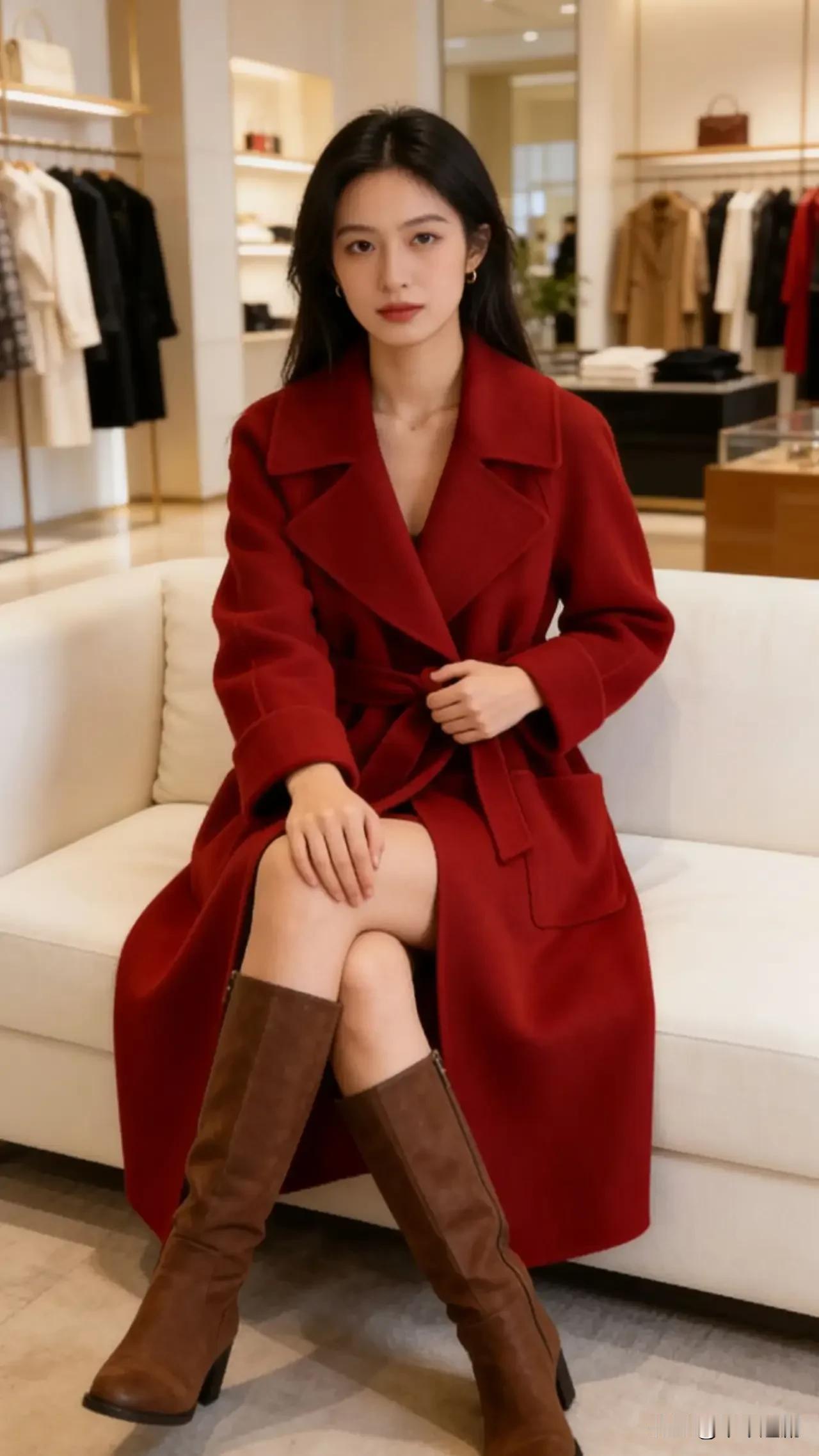 酒红大衣裹着松弛的优雅，腰带轻收肩线，棕靴落得刚好。在衣香鬓影里，自成一帧复古的