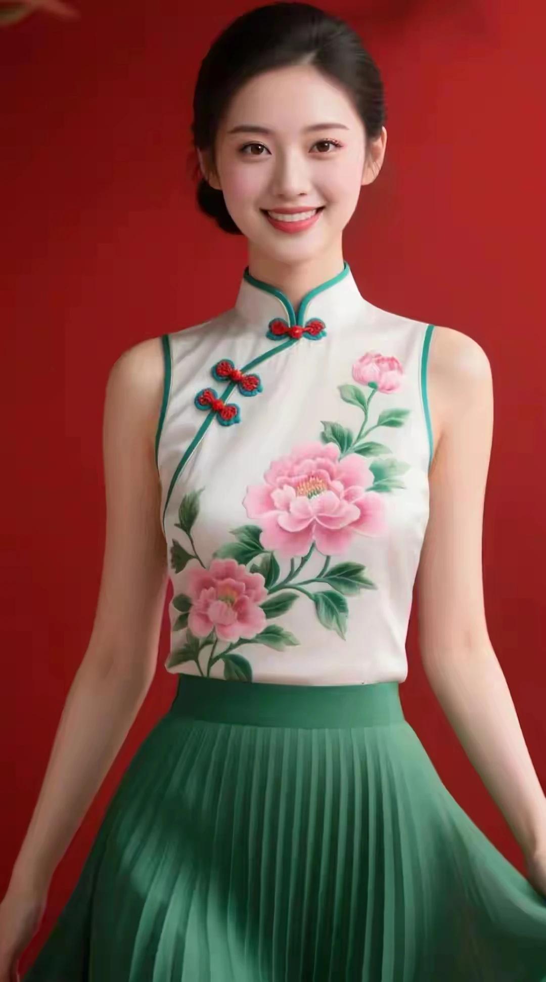 出水芙蓉，亭亭玉立明眸皓齿，面若冠玉中式无袖，绿色裙子花容月貌，梨花带雨