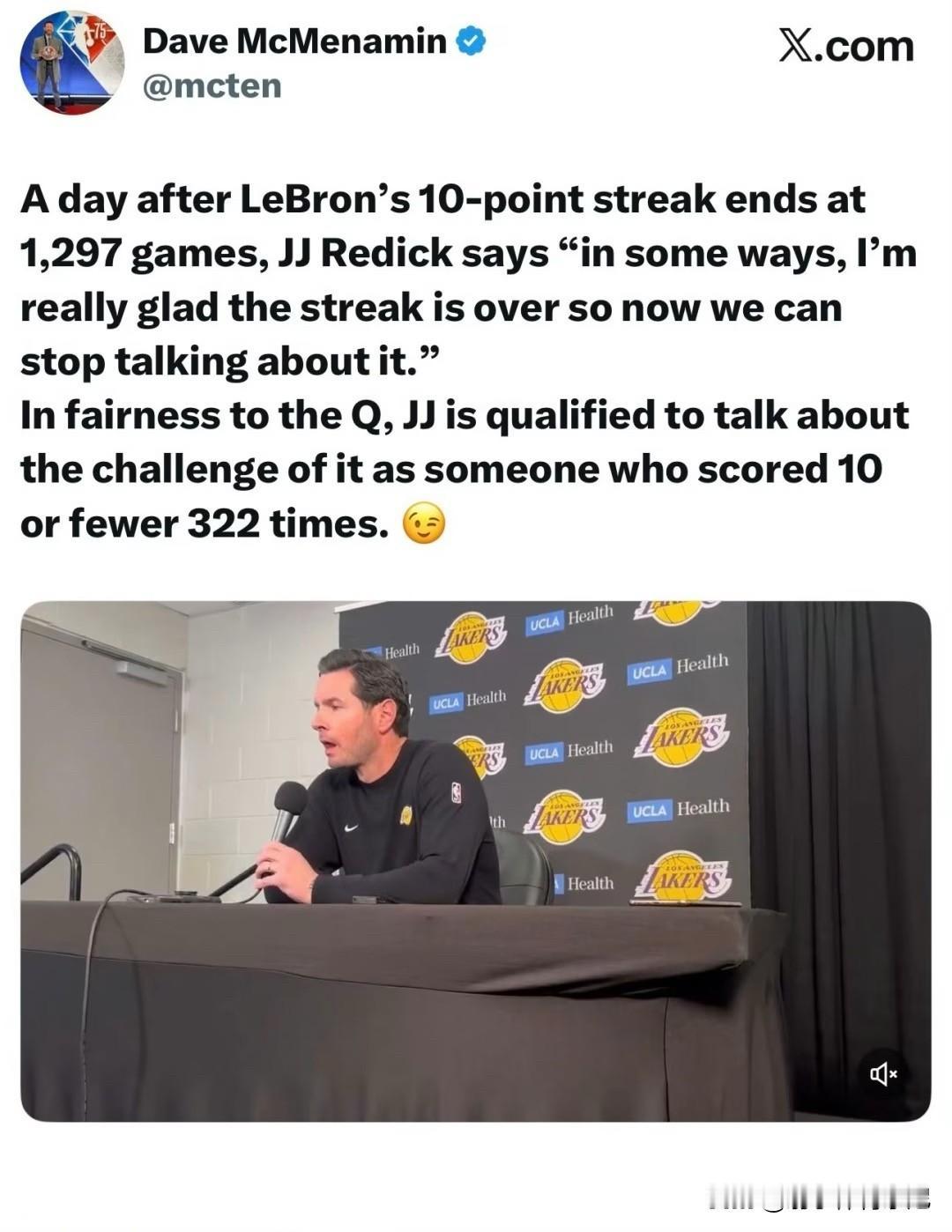 詹姆斯连续得分上双纪录算不算成就？听听湖人主帅雷迪克怎么说？雷迪克：“在某种程