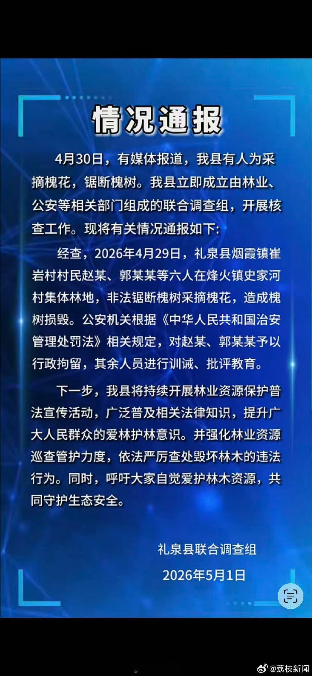【6人锯断槐树采槐花2人被行拘当地通报6人锯断槐树采摘槐花】陕西咸阳礼泉县联合调