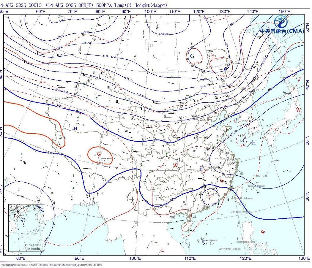 从今天高空500百帕天气形势图看，副热带高压和陆地高压又连起来了，像重庆、湖北
