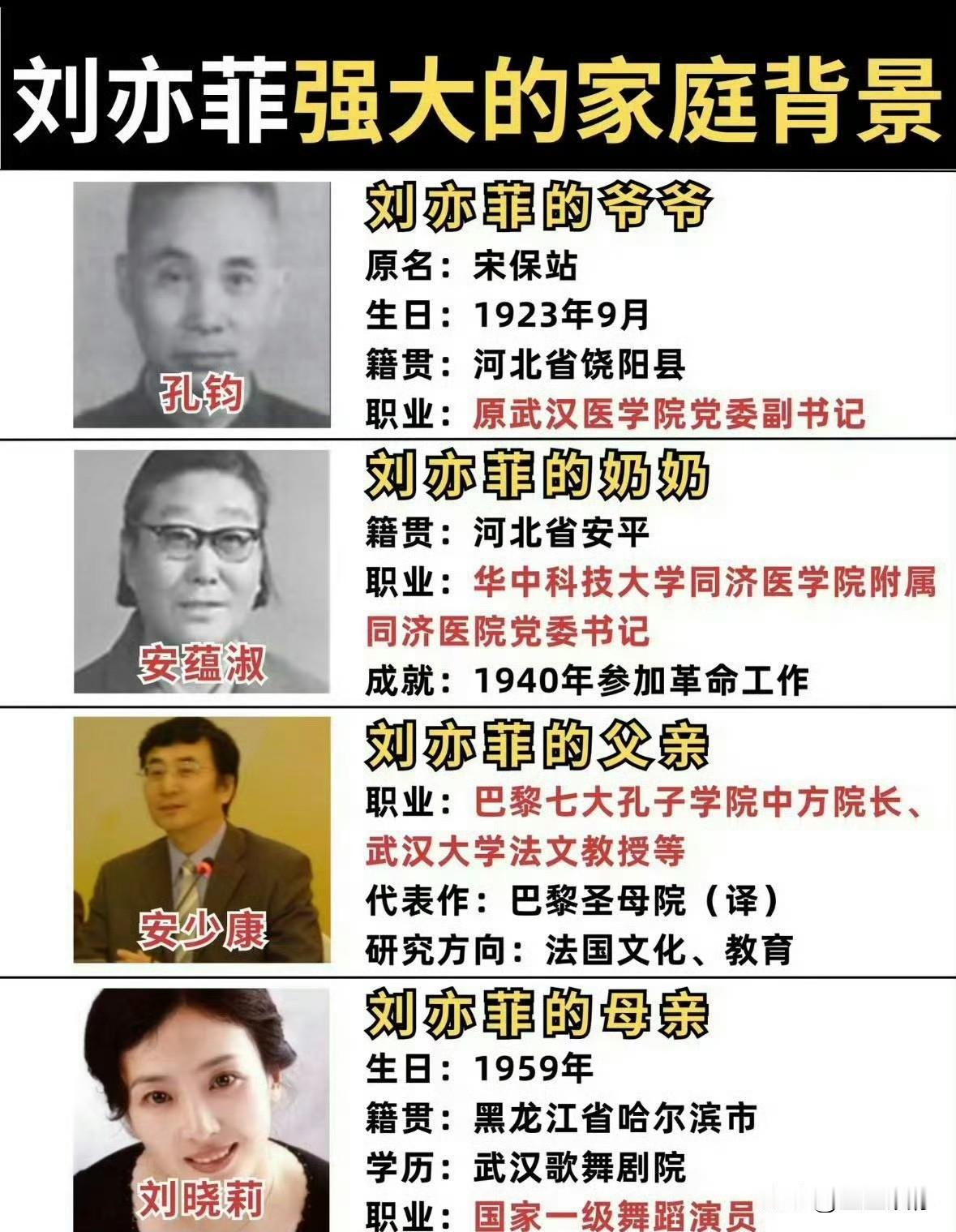 刘亦菲从不主动提家世，却藏着三代沉淀的底蕴。爷爷是武汉医学院党委副书记，奶奶曾任