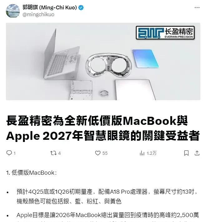 苹果首推廉价版MacBook采用A18Pro芯片分析师郭明錤最新爆料显示