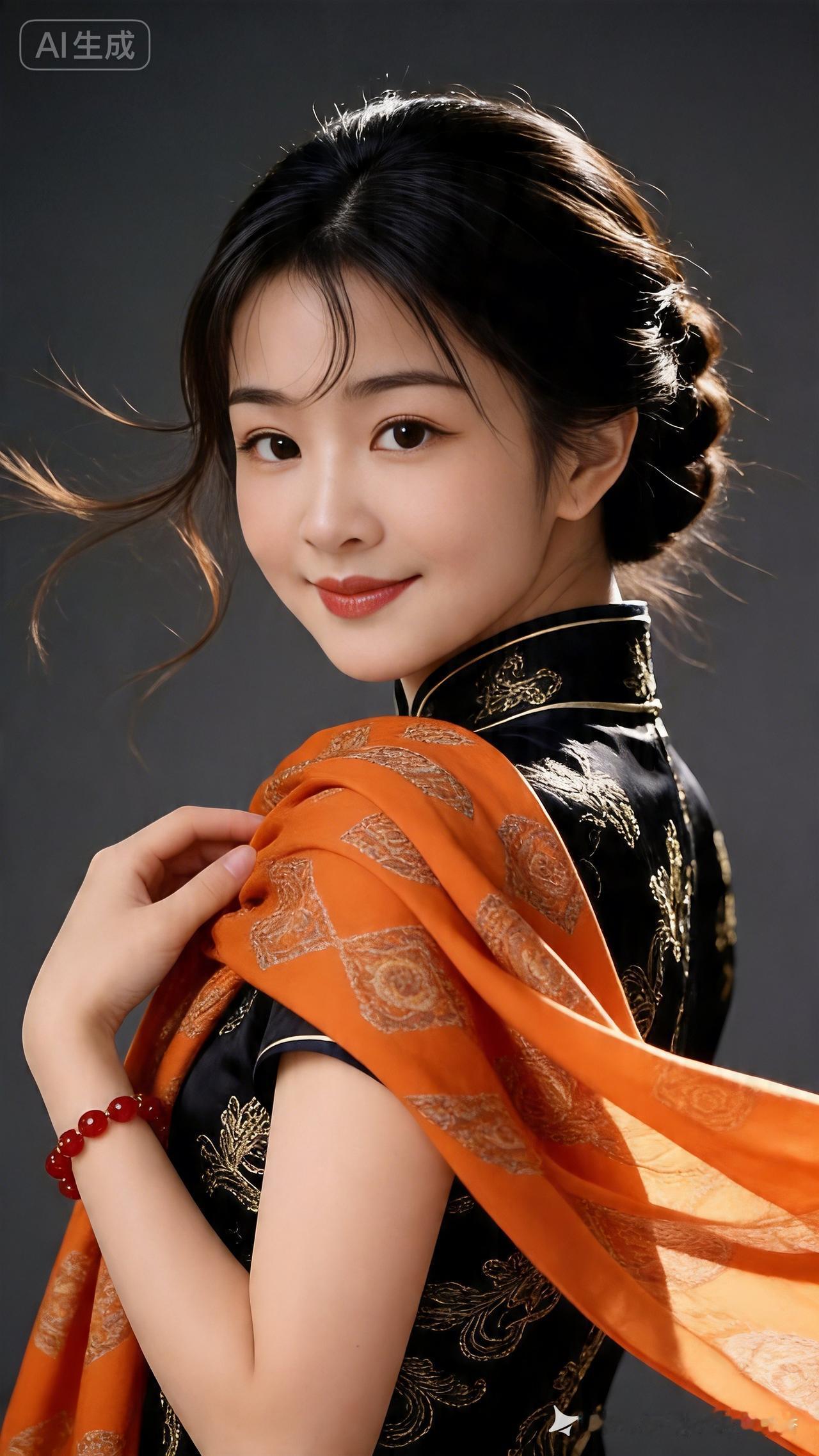 国风雅致造型，黑金刺绣旗袍质感高级，橙色围巾披肩随风轻扬。精致盘发发丝微动，回眸