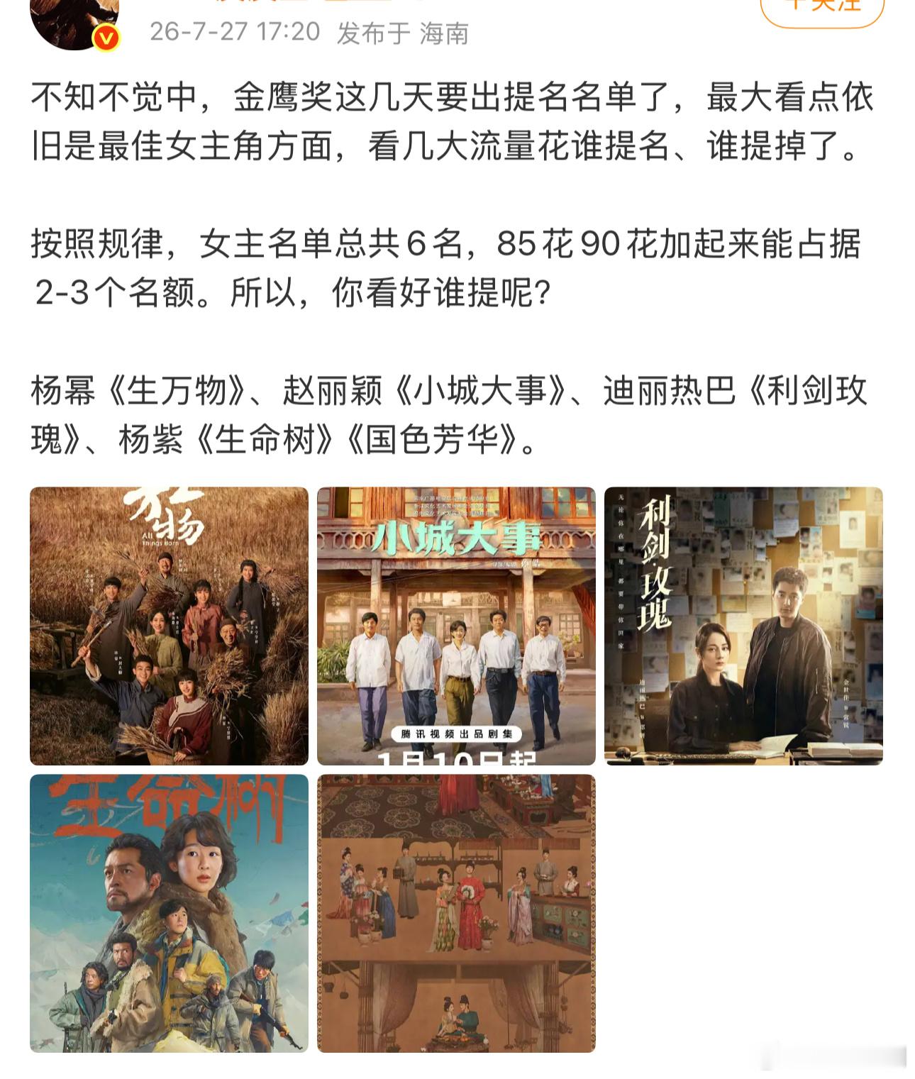 赵丽颖《小城大事》、迪丽热巴《利剑玫瑰》这两部剧绝无提名金鹰奖的可能🙊