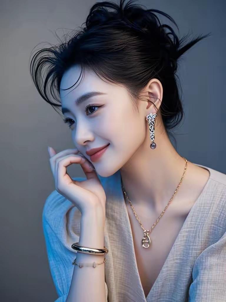 优雅气质、珠宝闪耀、温柔微笑的女神。她周身散发贵气，颈间、手腕、耳朵和手指上的珠