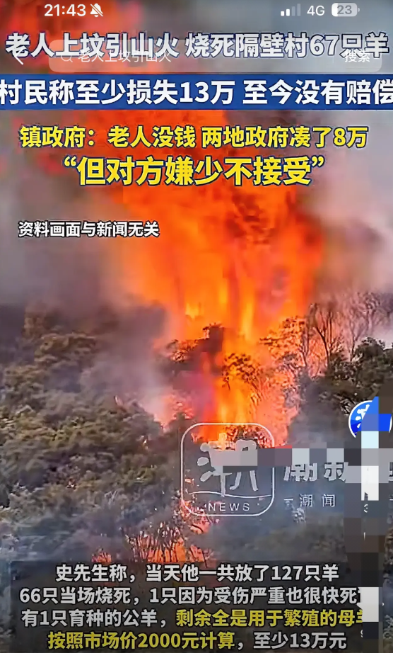“父母官真不好当！”老人上坟引发山火，烧死村民67只羊！老人要钱没有要命一条，政