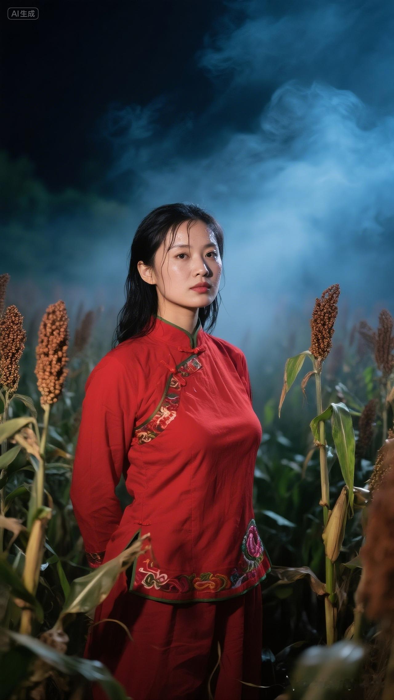 夜色中的红衣少女，置身于梦幻的玉米田中，仿佛穿越时空的精灵。