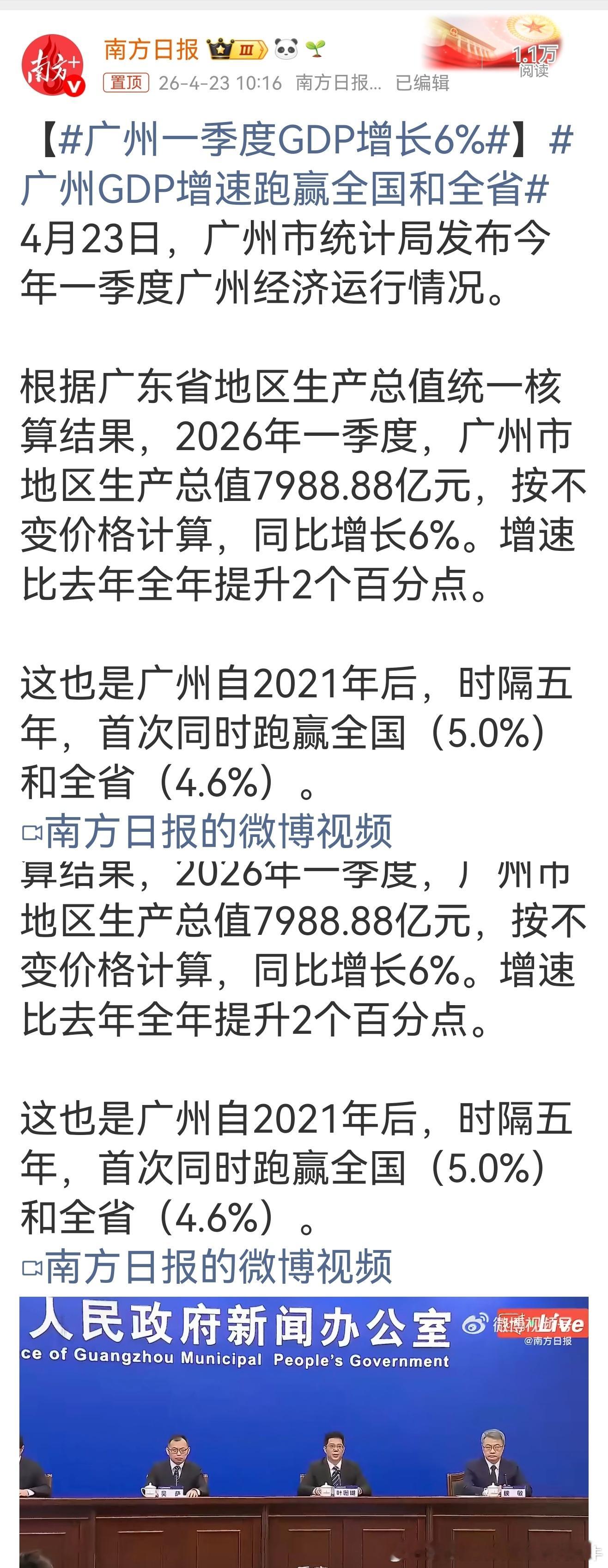 【广州一季度GDP增长6%】广州GDP增速跑赢全国和全省4月23日，广州市统计局